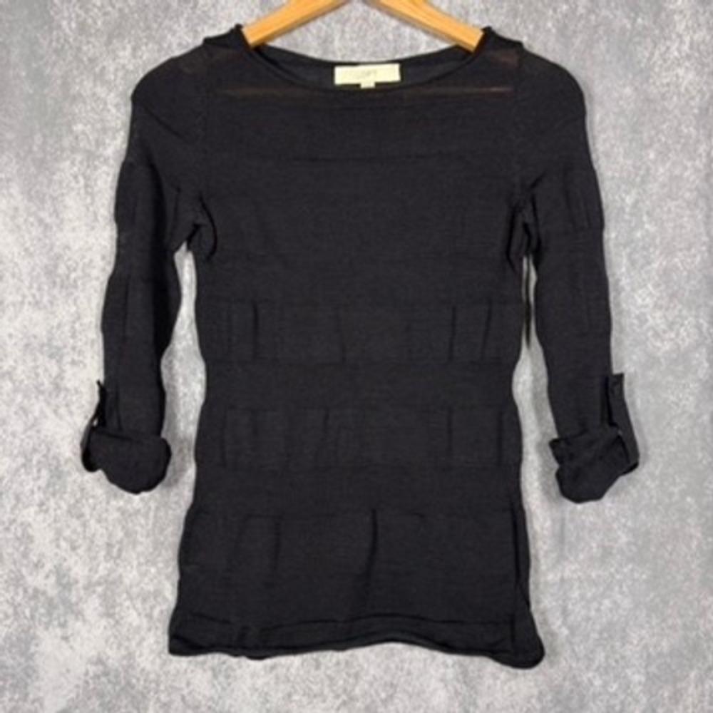 LOFT Sweater Top Womens XS Black Wool Blend 3/4 Sleeve Textured Knit Boat Neck